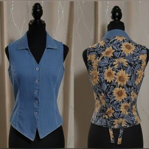 Vintage 90s Granite Denim Sunflower Vest - Made in USA - Boho Cottagecore - 7/8